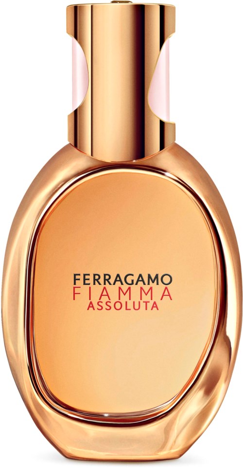Tuoksupullo, pyöreä ja kultainen, jossa lukee Ferragamo Fiamma Assoluta.