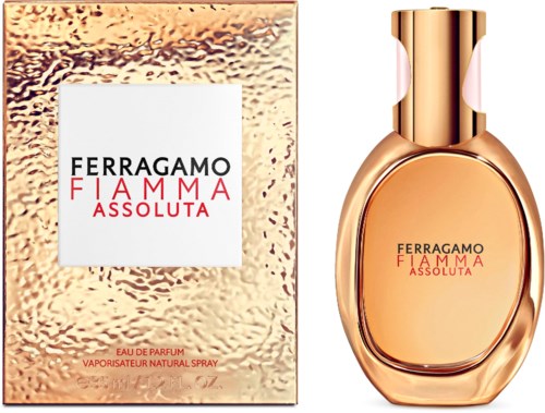 Ferragamo Fiamma Absoluta hajuvesipullo ja pakkaukset, kultainen ja vaaleanpunainen väri, tyylikäs muoto.