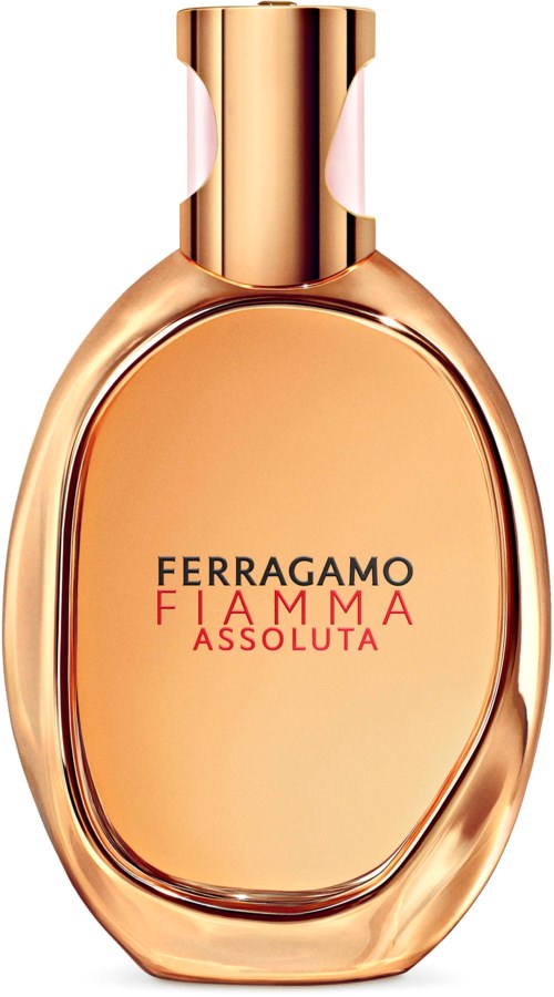 Parfyymipullo, kullansuojalla ja vaaleanpunaisella kullalla, merkattu Ferragamo Flamma Assoluta.
