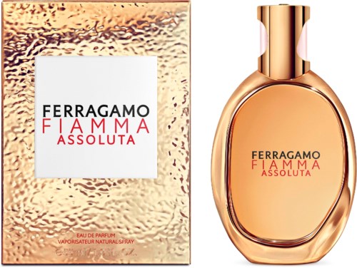 Ferragamo Fiamma Assoluta hajuvesi ja laatikko kultaisella ja vaaleanpunaisella.