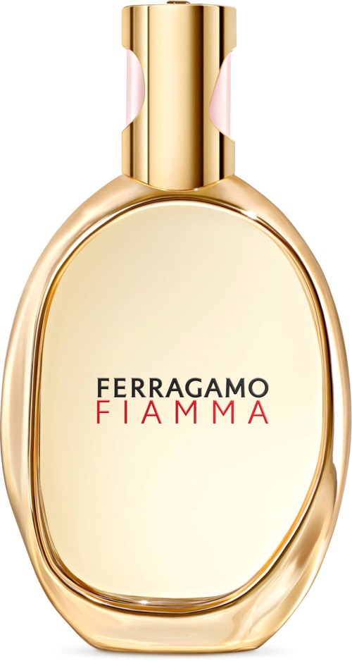 Ferragamo Fiamma hajuvesipullo kultaisen korkin ja vaaleankeltaisen etiketin kanssa.