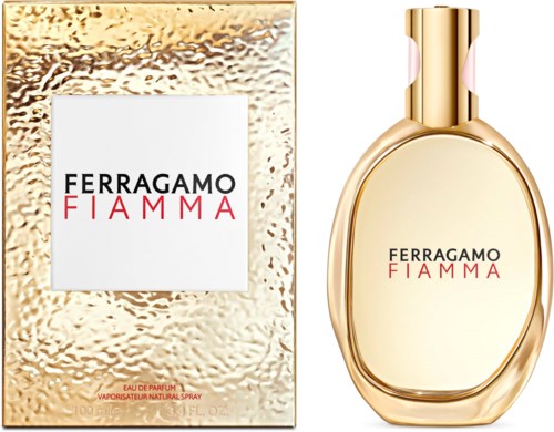 Ferragamo Fiamma hajuvesipullo ja rasia kultaisilla ja roze-väreillä.