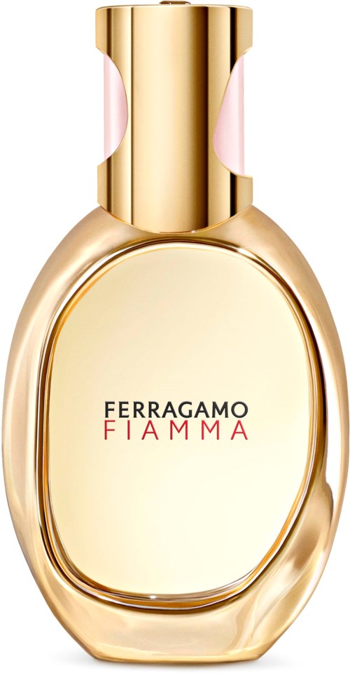 Kultainen ja vaaleanpunainen hajuvesipullo, jossa lukee Ferragamo Fiamma.