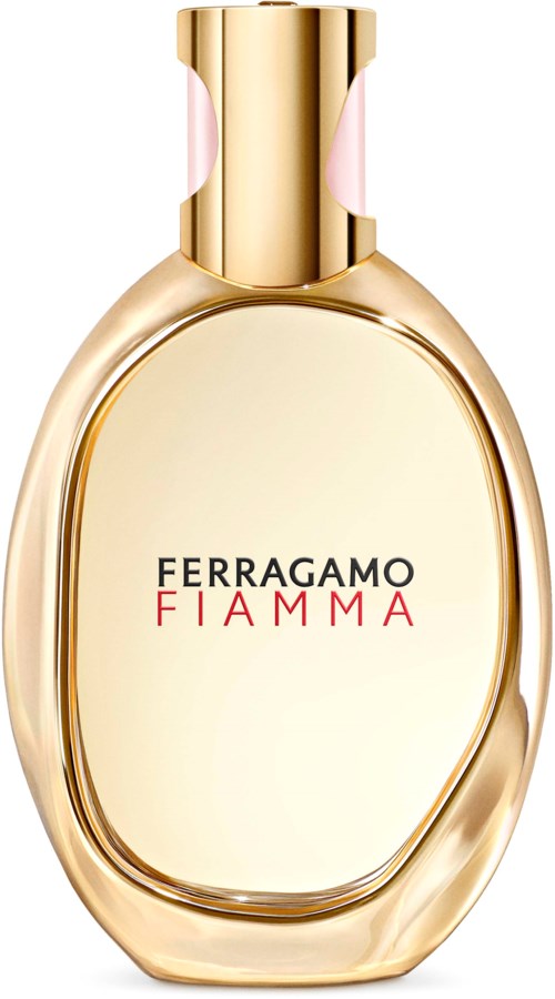 Tuoksupullo, pyöreä muoto, kultainen ja vaaleanpunainen yksityiskohta, teksti "Ferragamo Fiamma".