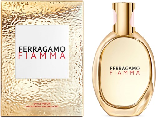 Hajuvesipullo ja rasia kultaisilla ja vaaleanpunaisilla yksityiskohdilla, Ferragamo Fiamma, elegantti ja kiiltoinen muotoilu.