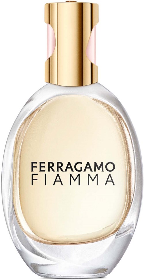 Hajuvesipullo, jossa on kultainen ja vaaleanpunainen kansi, nimeltä 'FERRAGAMO FIAMMA', sisältää tuoksun.