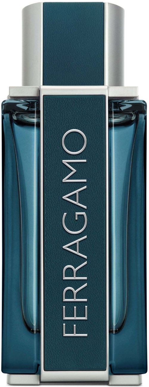 En lång parfyllflaska i blått med en silverlock, märkt 'FERRAGAMO,' slank och elegant design.