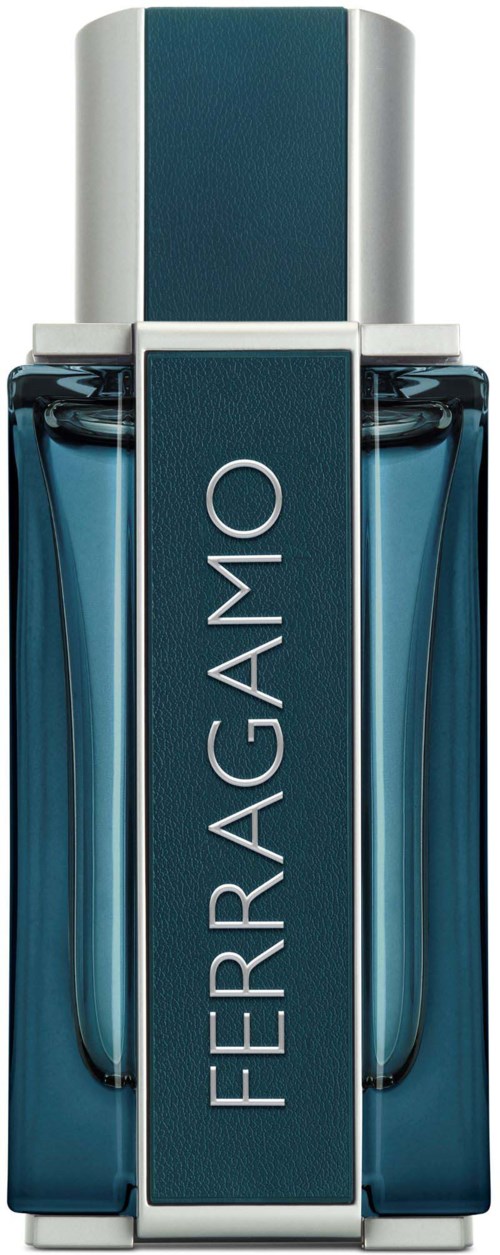 En lång, elegant parfonesflaska med blå vätska och en silverkork, med ordet 'FERRAGAMO' på en vertikal etikett.