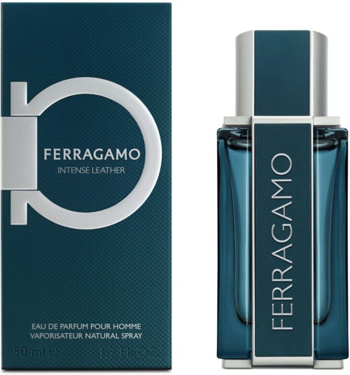 Ferragamo Intense Leather parfymflaska och förpackningskartong i blått och silver färger.
