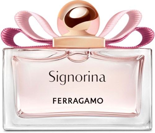 Hajuveden pullo, pyöreä korkki, vaaleanpunaiset nauhat ja etiketissä lukee 'Signorina FERRAGAMO'.