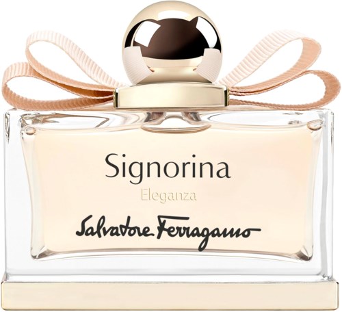 Hajuvesipullo, jossa pyöreä korkki, vaaleanpunainen rusetti ja tyylikäs merkintä Signorina Salvatore Ferragamo.