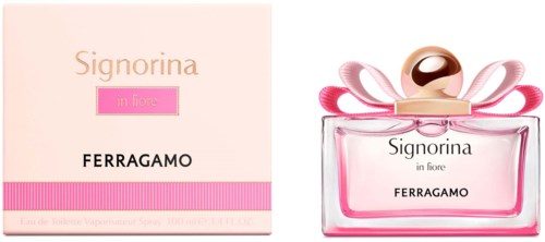 Ferragamo Signorina in Fiore hajuarkku ja pullo, joissa on vaaleanpunainen nauha ja pyöreä korkki.
