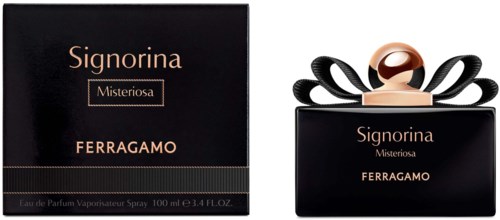 Parfymapakkaus ja pullo, musta ja kultainen, nimeltä Signorina Misteriosa Ferragamo.