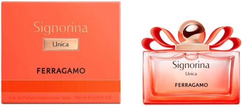 Hajuvesipullo ja Signorina Unica Ferragamo -rasia, kultainen ja pinkki, sekä rusetti pullossa.