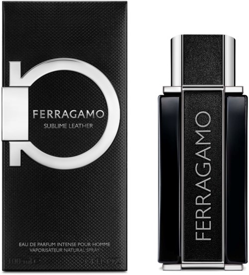 Musta ja hopea hajuvesipullo ja laatikko Ferragamon logolla ja nimellä 'Sublime Leather'.