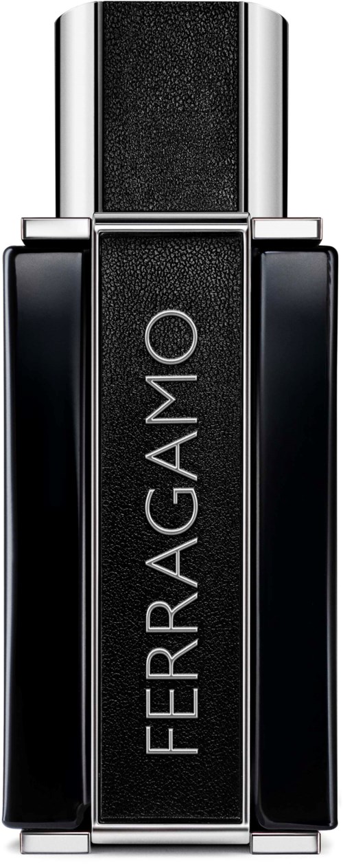 Sleek musta ja hopea hajuvesipullo Ferragamo-merkinnällä.