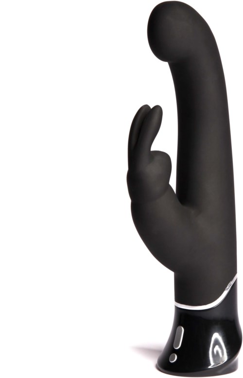 Ein schwarzes, gebogenes Gerät, das einem Finger ähnelt, wahrscheinlich ein Massagegerät oder Vibrator, mit Bedienelementen an der Basis.