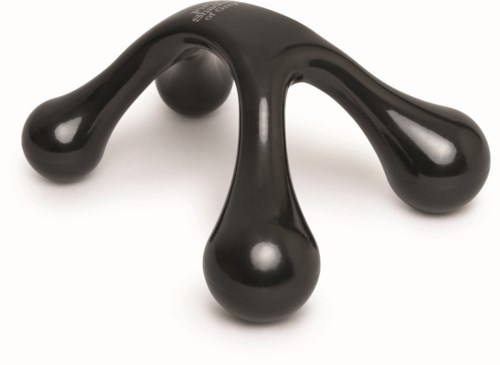Ein schwarzes Massagegerät mit drei abgerundeten, gebogenen Armen zur Muskelentspannung.