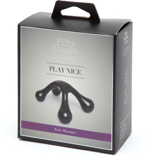 Schwarzer Körperspanner mit drei flexiblen Aufsätzen in Verpackung mit 'Fifty Shades of Grey' und 'Play Nice' Beschriftung.