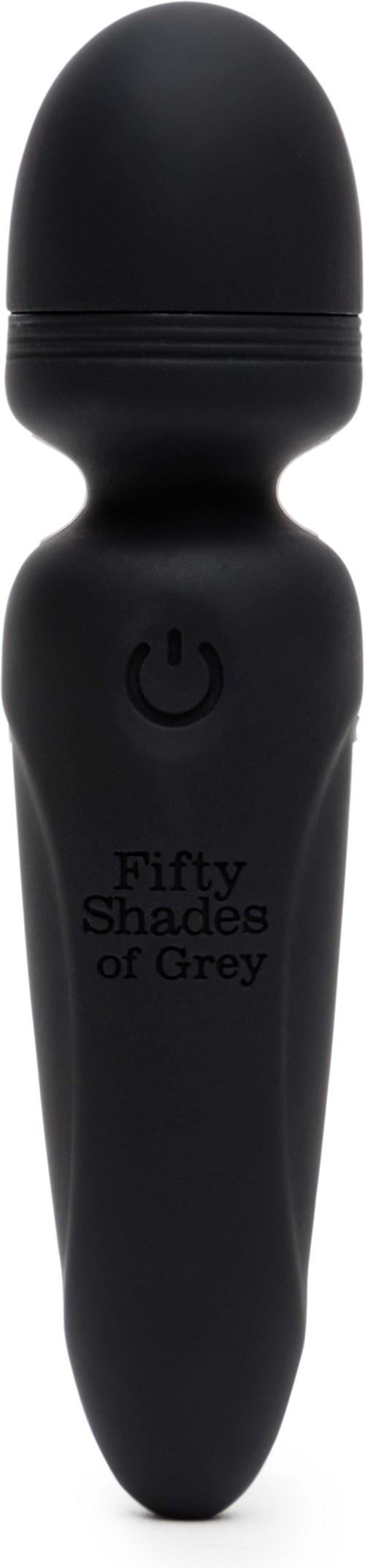 Ein schwarzes tragbares Gerät, das an einen kleinen Masseur oder ein Mikrofon erinnert, mit einem Netzschalter. Es trägt die Aufschrift "Fifty Shades of Grey."