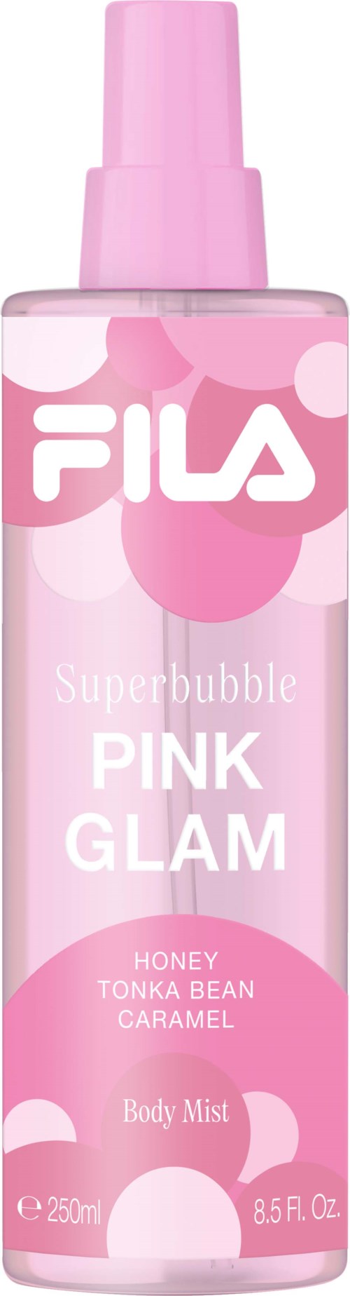 Roze sprayfles met FILA-logo, gemarkeerd Superbubble Pink Glam met honing, tonkaboon, karamel geur, 250 ml.