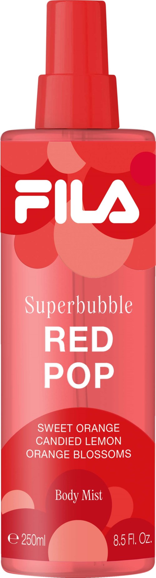 Een fel rode lichaamsprayfles met dop, gemarkeerd Fila Superbubble Red Pop, geur van sinaasappel en citroen.