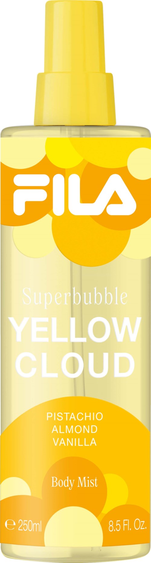 Een gele sprayfles van Fila bodymist met geuren van pistache, amandel en vanille, genaamd Yellow Cloud.