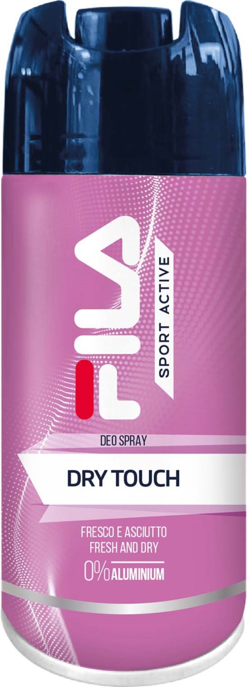 Roze blik met FILA sport deodorant spray, gelabeld 'Dry Touch,' 'Fresh and Dry,' met een donkerblauw dop.