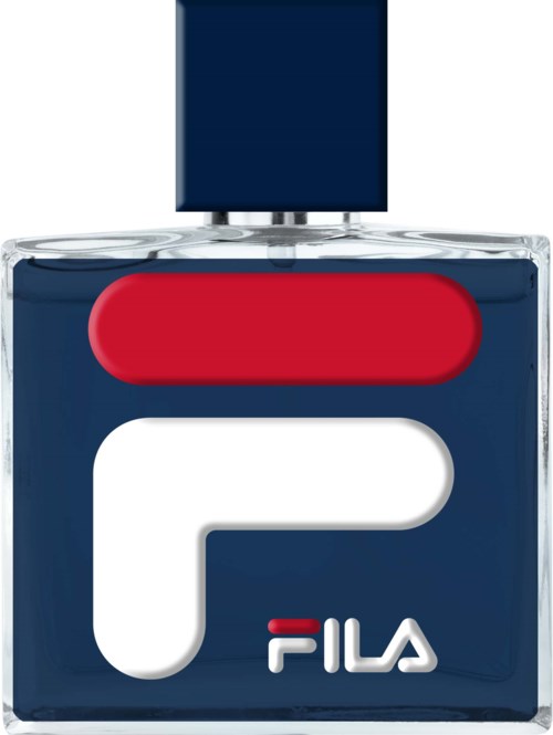Een parfumfles met FILA-logo, blauwe dop en rood-wit ontwerp aan de voorkant.