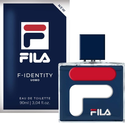 FILA F-Identity Uomo parfumfles en doos in donkerblauw met logo en rode, witte en zwarte details.