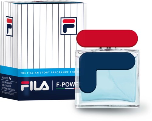 Een Fila F-Power parfumfles en doos met logo en kleurrijk ontwerp. De doos is wit met blauwe en rode accenten.