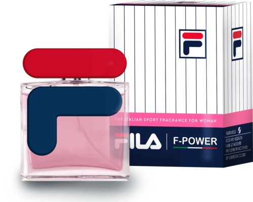 Een fles Fila F-Power parfum met roze doorzichtige body en kleurrijke dop, naast een decoratieve doos.