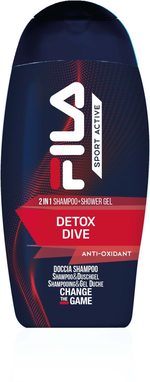 Een Fila Detox Dive shampoo- en douchegel fles in blauw, rood en wit, bevordert ontgifting en antioxidante voordelen.