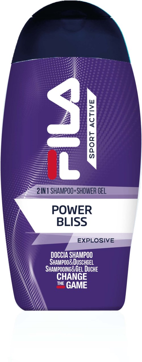 Paars flesje met shampoo en douchegel met FILA-logo en 'Power Bliss'-label. Sportief ontwerp en productbeschrijving.