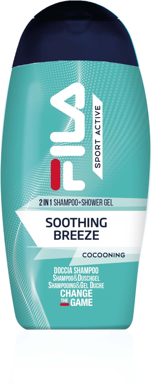 FILA Sport Active shampoo en douchegel fles, blauw en wit, met productnaam en beschrijving.