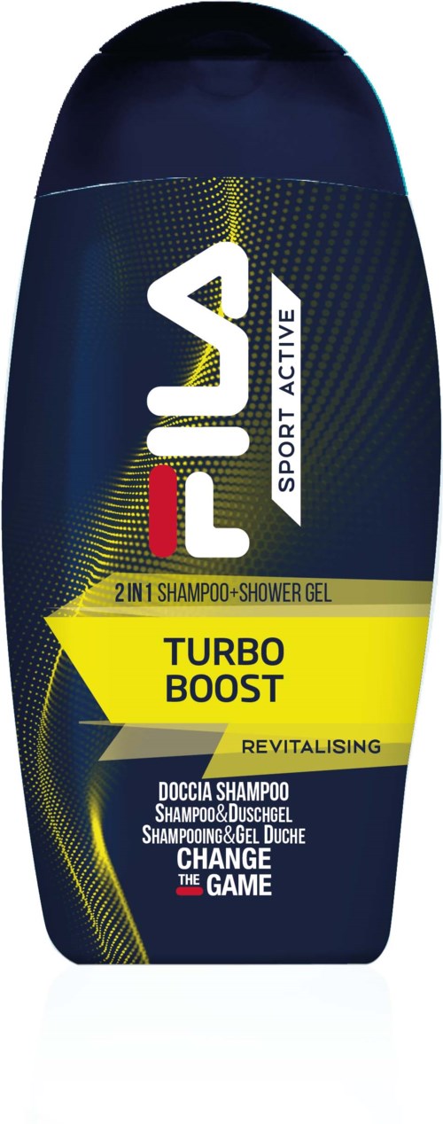 Een blauwe en gele fles Fila Turbo Boost shampoo met 2-in-1 shampoo en douchegel label.