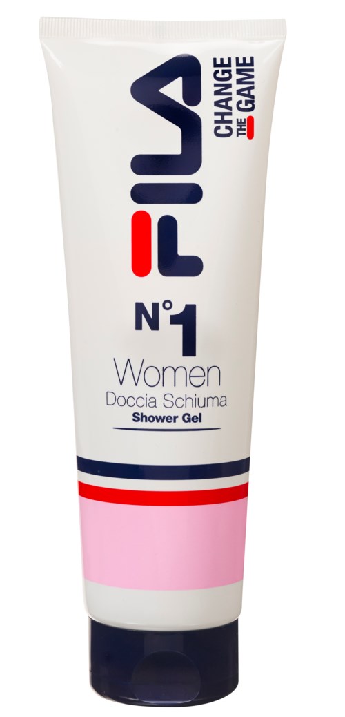 Een witte tube FILA Douchegel met rode, blauwe en roze ontwerp elementen, voor vrouwen.