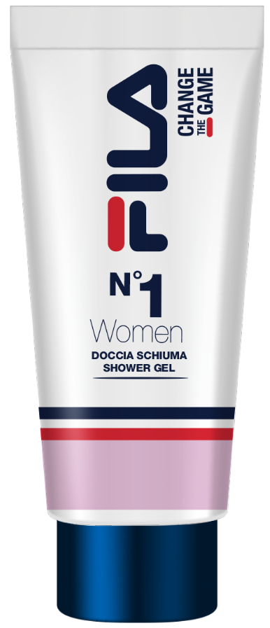 Dit is een tube FILA vrouwen douchegel, met rode, witte, roze en blauwe kleuren en tekst.