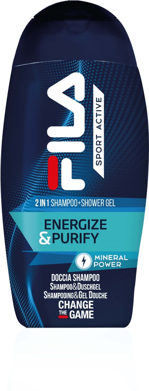 Een blauw FILA shampoo- en douchegelfles met energize en purify labels, ontworpen voor sportgebruik.