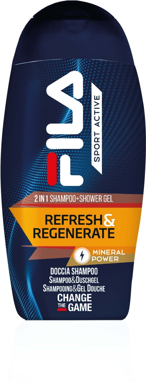 Een fles FILA Sport Active 2-in-1 shampoo en douchegel, gelabeld voor frisheid en regeneratie, met mineralenkracht.