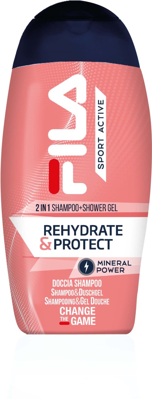 Een roze en witte fles met 'Fila Sport Active' voor shampoo en douchegel, bevordert hydratatie en bescherming.