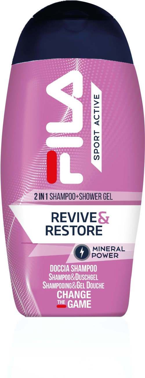 Roze en witte fles met Fila Sport Active 2-in-1 shampoo en douchegel, Revive & Restore, voor haarverzorging.