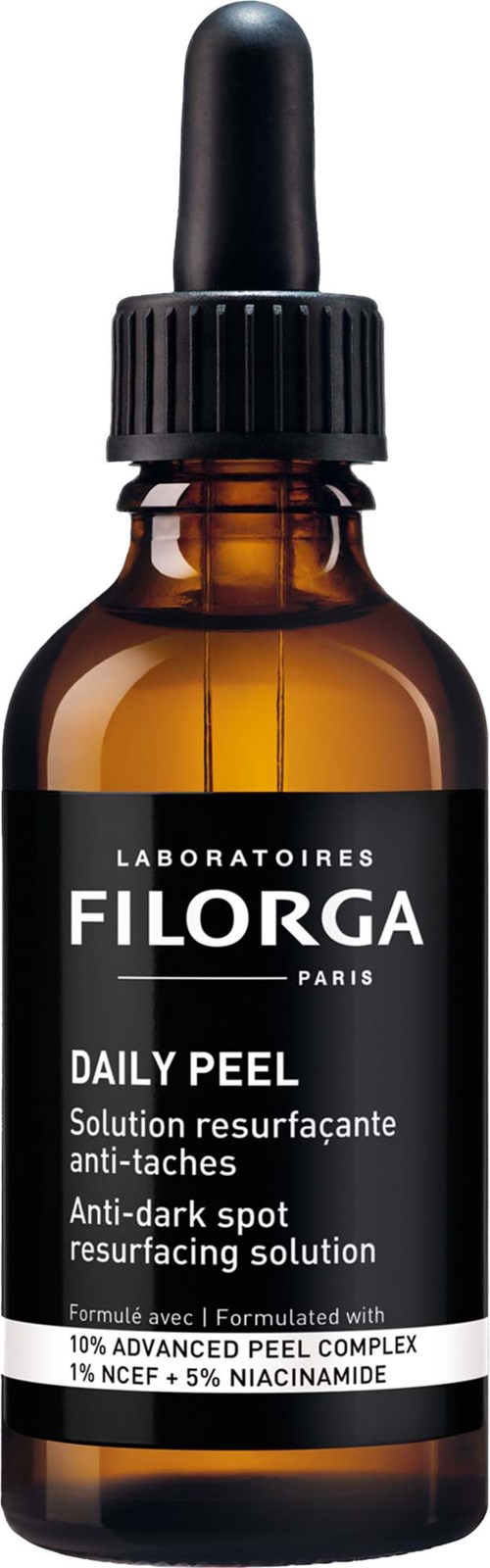 Eine braune Glasflasche mit Pipette, schwarzem Aufkleber und schwarzem Deckel, genannt Daily Peel Anti-Fleck-Lösung.