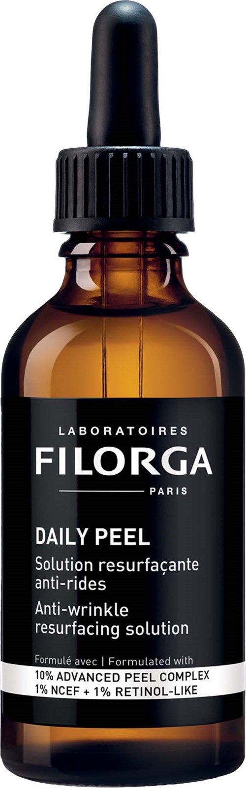 Kleine bernsteinfarbene Glasflasche mit schwarzem Tropfer, bezeichnet Daily Peel, Anti-Falten-Hautpflegelösung von Filorga Paris.