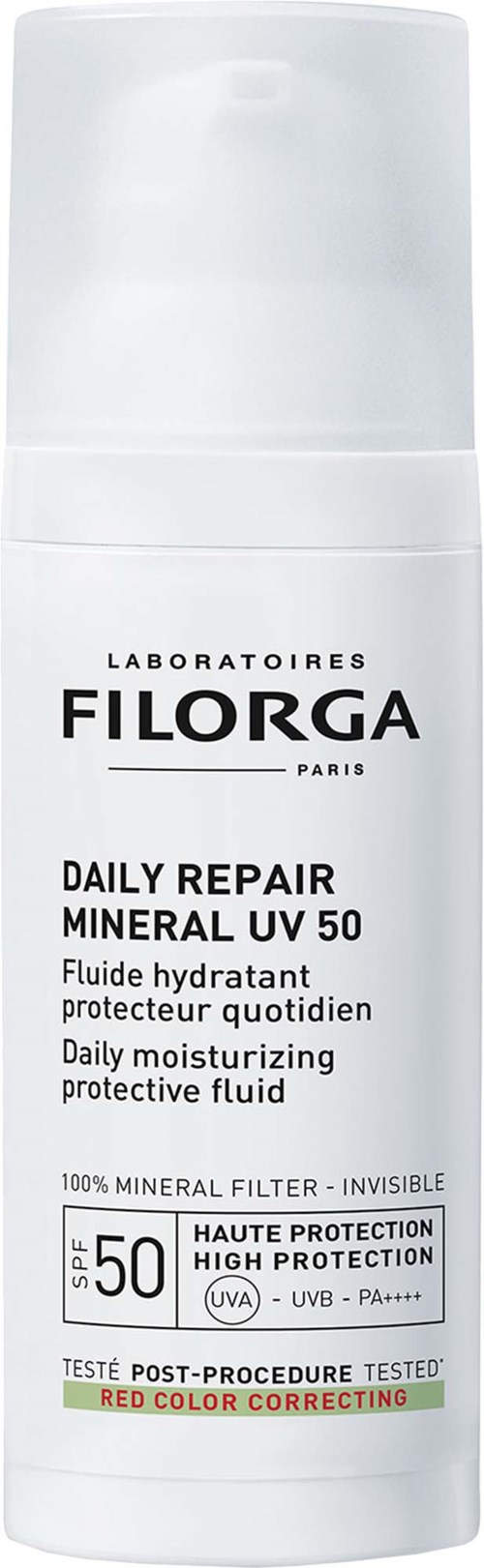 Eine weiße Flasche mit schwarzen Text, zeigt Filorga Daily Repair Mineral UV 50 Sonnenschutzcreme.