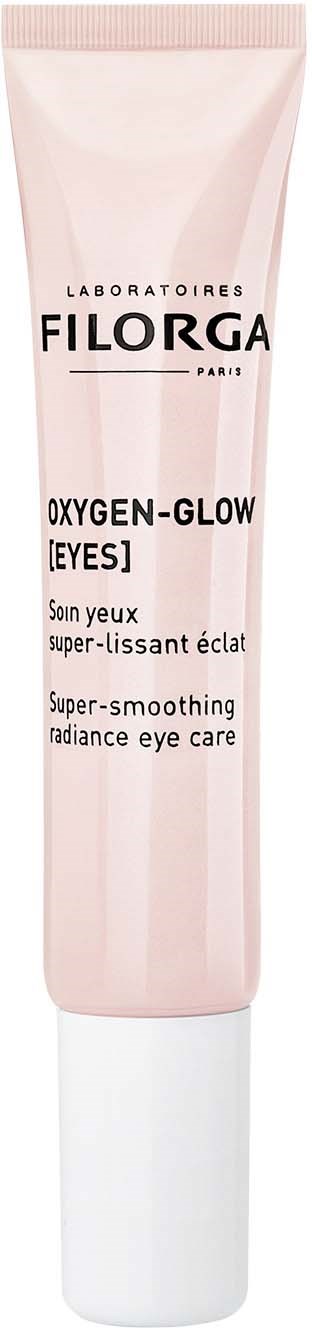 Eine rosa Tube mit weißem Deckel, Beschriftung 'Filorga Oxygen-Glow Eyes' für super-glättende Augenpflege und Strahlkraft.