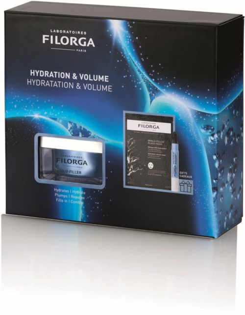 Box with skincare products, logo, and text about hydration and volume from Filorga, with a blue and black design.