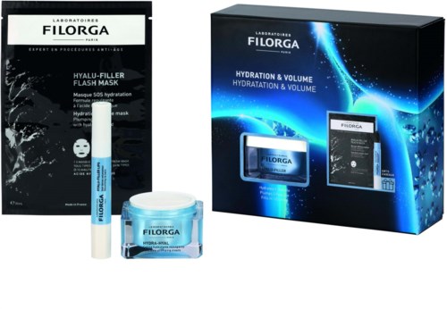 Fyra skincare products from Laboratoires Filorga, including a mask, cream, ampoule, and booklet in a blue and black box.