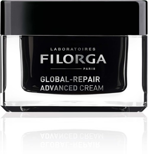 Een pot met FILORGA Global-Repair Advanced Cream met zwarte deksel en doorzichtige container.