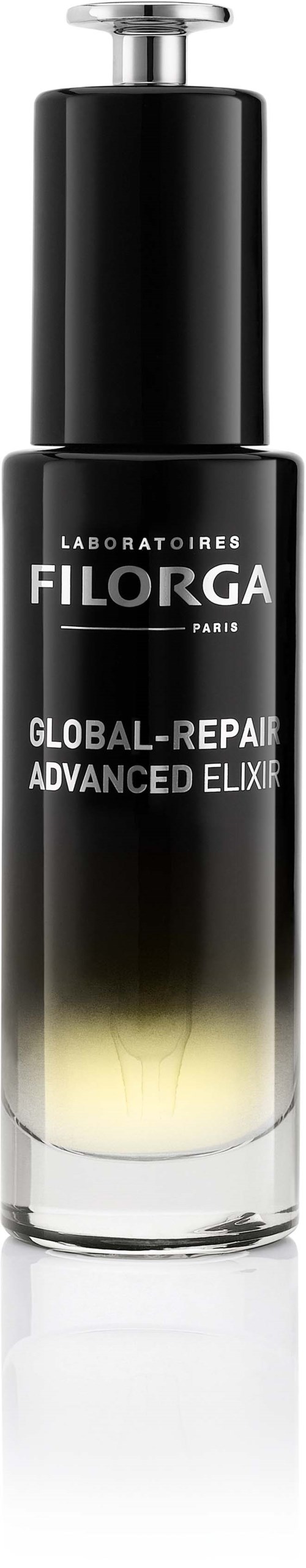 Een zwarte fles met een verloop van zwart naar doorschijnend onderaan, gemarkeerd 'Filorga Global-Repair Advanced Elixir' met pomp.